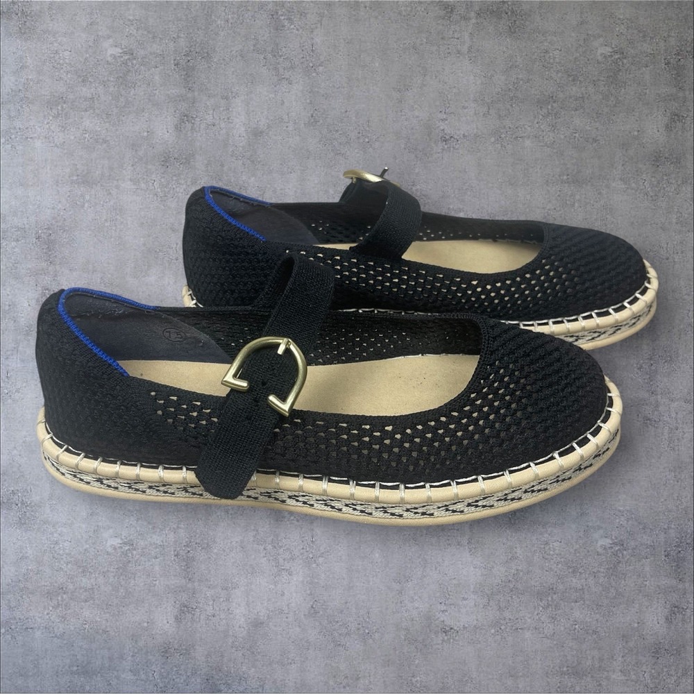 Black Women's Espadrille Mary Jane Flats with Gold Buckle